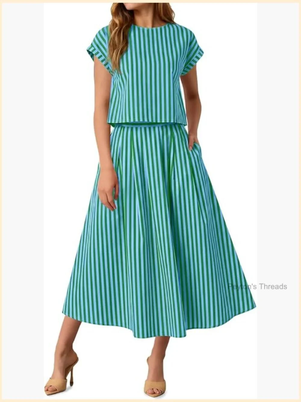 Striped 2 Piece Skirt Set Cap Sleeve Top Midi Dress Travel Vacation Outfits